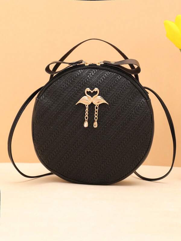 Swan Embroidery Single Shoulder Crossbody Handbag, Small Round Shape, Black Friday Sale Black