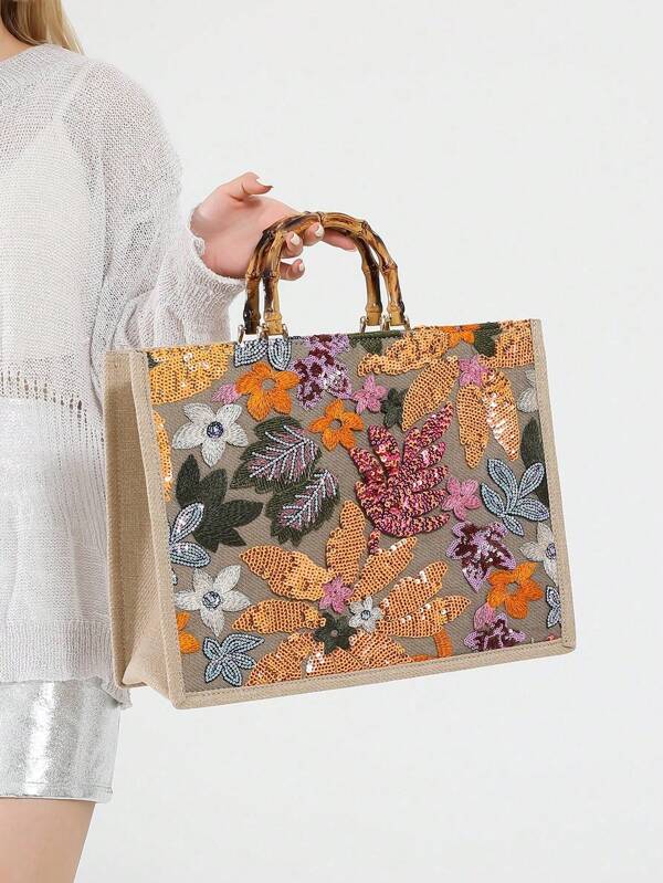 Sequin Tote Bag New Niche Handbag Women's Random Plant Embroidery Dinner Bag Fashion Trend Large Capacity Bag Woven Double Handle Banquet Bag Multicolor